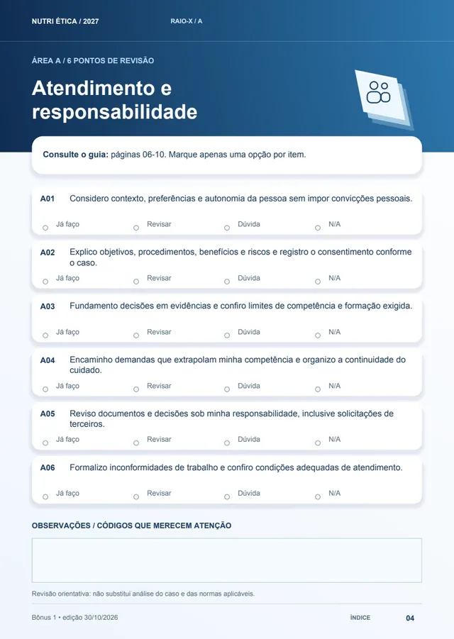 Checklist preenchível com opções Já faço, Revisar, Dúvida e Não se aplica
